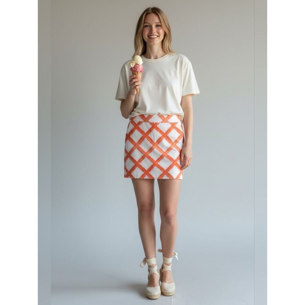 Merona Orange and White Brushstrokes Cotton Waffle Mini Skirt with Pockets